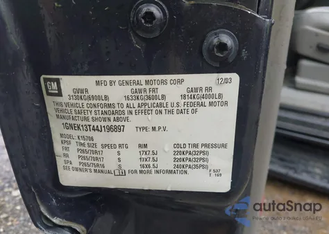 2004 Chevrolet Tahoe Lt from USA, damaged, VIN 1GNEK13T44J196897